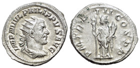 Philip I (244-249). AR Antoninianus (22,10mm, 4.17g.), c. 246. IMP M IVL PHILIPPVS AVG Radiate, draped and cuirassed bust r. R/FELICITAS TEMP Felicita...