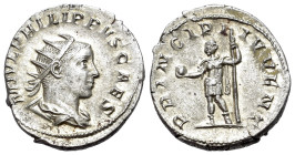 Philip II (Caesar, 244-247). AR Antoninianus (21mm, 4.08g), c. 244-246. M IVL PHILIPPVS CAES Radiate, draped and cuirassed bust r. R/ PRINCIPI IVVENT ...