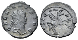 Gallienus (253-268) Antoninianus (21mm, 3.86g, 6h). Rome, AD 267-268. Radiate head r. R/ Pegasus springing r.; unclear mint mark. RIC 283; cf. MIR 712...