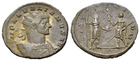 Aurelian (270-275). Radiate (22mm, 3.57g). Mediolanum, 271. Radiate and cuirassed bust r. R/ Soldier standing r., holding spear and globe, facing empe...
