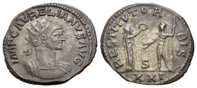 Aurelian (270-275). Radiate (22mm, 4.47g). Antioch, 275. Radiate and cuirassed bust r. R/ Female figure standing r., presenting wreath to emperor stan...