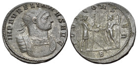 Aurelian (270-275). Radiate (22mm, 3.61g). Uncertain Balkan mint, 272-3. Radiate and cuirassed bust r. R/ Aurelian standing r., receiving globe from J...