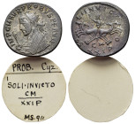 Probus (276-282). Radiate (22mm, 4.66g). Cyzicus, 281. Radiate and mantled bust l., holding eagle-tipped sceptre. R/ Sol driving facing quadriga, head...