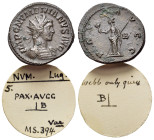 Numerian (283-284). Radiate (22mm, 4.98g). Lugdunum, 284. Radiate and cuirassed bust r. R/ Pax standing facing, head l., holding branch and transverse...