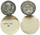 Diocletian (284-305). Radiate (20mm,2.27g). Rome, 296-7. Radiate and draped bust r. R/ VOT/XX/B in three lines within wreath. RIC VI 76a. VF