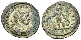 Diocletian (284-305). Radiate (22mm, 3.24g). Ticinum, 290. Radiate and cuirassed bust r. R/ Hercules standing l., holding club, bow and lion skin; PXX...