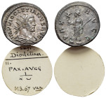 Diocletian (284-305). Radiate (22mm, 4.20g). Lugdunum, 293. Radiate, draped and cuirassed bust r. R/ Pax standing l., holding transverse sceptre and v...