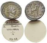 Diocletian (284-305). Radiate (22mm, 4.19g). Lugdunum, 292-4. Radiate, draped and cuirassed bust r. R/ Jupiter seated l., holding Victory on globe and...