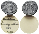 Diocletian (284-305). Radiate (21mm, 4.05g). Cyzicus. Radiate, draped, and cuirassed bust r. R/ Diocletian standing r., receiving Victory on globe fro...