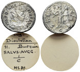 Diocletian (284-305). Radiate (21mm, 3.46g). Lugdunum, 291. Radiate and cuirassed bust r. R/ Salus standing r., feeding serpent held in arms; C. RIC V...