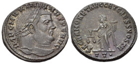 Maximianus (286-305). Æ Follis (26mm, 9.54g). Ticinum, 300-3. Laureate head r. R/ Moneta standing l., holding scales and cornucopia; TT•. RIC VI 45b. ...