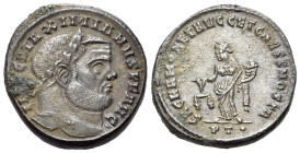 Maximianus (286-305). Æ Follis (26mm, 10.46g). Ticinum, 300-3. Laureate head r. R/ Moneta standing l., holding scales and cornucopia; PT•. RIC VI 45b....