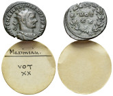 Maximianus (286-310). Radiate (20mm, 2.34g, 5h). Ticinum, 299. Radiate, draped and cuirassed bust r. R/ VOT XX within wreath. RIC V 15b.
