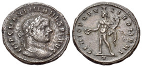 Maximianus (286-305). Æ Follis (26mm, 8.14g). Ticinum, 294-5. Laureate head r. R/ Genius standing l., holding patera and cornucopia; T. RIC VI 23b. Me...