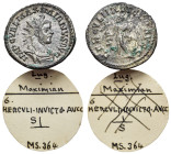 Maximianus (286-305). Radiate (22mm, 3.75g). Lugdunum, 289. Radiate, draped and cuirassed bust r. R/ Hercules standing l. holding Victory on globe, cl...