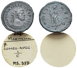 Maximianus (286-305). Radiate (23mm, 4.63g). Lugdunum, 292-3. Radiate, draped and cuirassed bust r. R/ Minerva standing l., holding spear and leaning ...