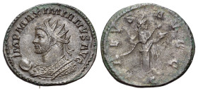 Maximianus (286-305). Radiate (22mm, 3.40g). Lugdunum, 290-1. Radiate and mantled bust l., holding globe. R/ Salus standing r., feeding serpent; C. RI...