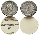 Maximianus (first reign, 286-305). Radiate (21mm, 4.38g, 7h). Lugdunum, 289. Radiate and cuirassed bust of Maximianus to r., seen from behind. R/IOVI ...