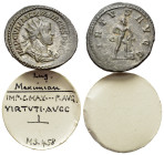 Maximianus (first reign, 286-305). Radiate (23mm, 3.91g, 1h). Lugdunum, AD 286. Radiate, draped and cuirassed bust r. R/ Hercules standing r., leaning...