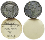 Maximianus (first reign, 286-305). Radiate (21mm, 3.68g, 6h). Lugdunum, 289-290. Radiate and cuirassed bust of Maximianus to r. R/PAX AVGG / S. Pax st...