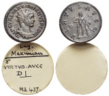 Maximianus (first reign, 286-305). Radiate (21mm, 3.17g, 12h). Lugdunum, 286. Radiate, draped and cuirassed bust of Maximianus to r. R/Hercules standi...