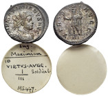 Maximianus (286-305). Radiate (22mm, 4.24g). Lugdunum, 291-4. Radiate and cuirassed bust r. R/ Virtus standing l., holding branch and spear; shield se...