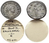 Maximianus (286-305). Radiate (22mm, 4.15g). Lugdunum, 290-4. Radiate, draped, and cuirassed bust r. R/ Salus standing r., feeding serpent held in arm...