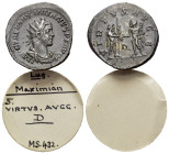 Maximianus (286-305). Radiate (22mm, 4.11g). Lugdunum, 286. Radiate, draped and cuirassed bust r. R/ Jupiter standing r., holding sceptre and thunderb...