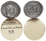 Maximianus (286-305). Radiate (22mm, 3.12g). Cyzicus, 295-9. Radiate, draped and cuirassed bust r. R/ Emperor standing r., receiving Victory on globe ...