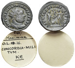 Maximianus (286-305). Radiate (22mm, 2.67g). Cyzicus, 295-9. Radiate, draped and cuirassed bust r. R/Emperor standing r., receiving Victory on globe f...