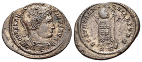Constantine I The Great (307-337). Æ Follis (22mm, 3.28g, 12h). Treveri. Helmeted and cuirassed bust r. R/BEATA TRANQVILLITAS / •STR (crescent). Globe...
