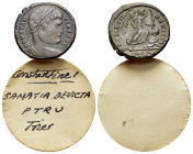 Constantine I (307/310-337). Æ Follis (18mm, 3.31g). Treveri, 323-4. Laureate head r. R/ Victory advancing r., holding trophy and palm, spurning capti...