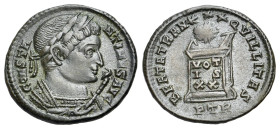 Constantine I (307/310-337). Æ Follis (20mm, 2.52g). Treveri, 321. Laureate bust r., wearing trabea and holding eagle-tipped sceptre. R/ Globe set on ...