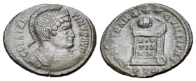 Constantine I (307/310-337). Æ Follis (20mm, 2.68g).Treveri, 322. Helmeted and cuirassed bust r. R/ Globe set on altar inscribed VO/TIS/XX in three li...