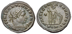 Constantine I (307/310-337). Æ Follis (22mm, 4.06g). Londinium, 312-3. Laureate and cuirassed bust r. R/ Mars standing r., holding inverted spear and ...