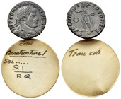 Constantine I (307/310-337). Æ Follis (18mm, 3.59g). Rome, 317-8. Laureate, draped and cuirassed bust r. R/ Sol standing l., raising r. hand and holdi...