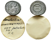 Constantine I (307/310-337). Æ Follis (19mm, 3.17g). Rome, 322. Laureate head r. R/ VOT/XX in two lines flanked by palm branches; all within wreath; R...