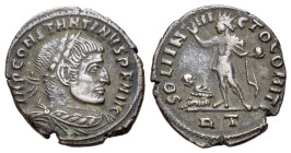Constantine I (307/310-337). Æ Follis (19mm, 2.59g). Rome, 316-7. Laureate, draped and cuirassed bust r. R/ Sol standing l., raising r. hand and holdi...