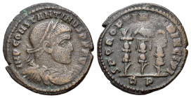 Constantine I (307/310-337). Æ Follis (22mm, 4.19g). Rome, 312-3. Laureate, draped and cuirassed bust r. R/ Legionary eagle between two vexilla; RP. R...
