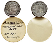 Constantine I (307/310-337). Æ Follis (18mm, 3.57g). Cyzicus, 325-6. Laureate head r. R/ Camp gate with no doors and two turrets, star above; SMKA•. R...