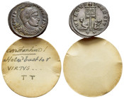 Constantine I 'the Great' (307-337). Follis (18mm, 3.11g, 6h). Ticinum. Helmeted and cuirassed bust r. R/VIRTVS EXERCIT / TT. Vexillum inscribed VOT /...