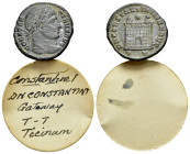 Constantine I (307/310-337). Æ Follis (18mm, 2.71g). Ticinum, 326. Laureate head r. R/ Camp gate with no doors and two turrets, star above; T-crescent...
