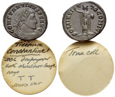 Constantine I 'the Great' (307-337). Æ Follis (22mm, 4.43g, 12h). Ticinum. Laureate and cuirassed bust r. R/Sol standing l., holding globe and raising...