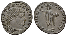 Constantine I 'the Great' (307-337). Æ Follis (21mm, 2.89g, 12h). Ticinum. Laureate and cuirassed bust r. R/Sol standing l., holding globe and raising...