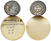 Constantine I (307/310-337). Æ Follis (19mm, 3.25g). Ticinum, 320-1. Laureate head r. R/ VOT/XX in two lines within wreath; PT. RIC VII 140. Near EF