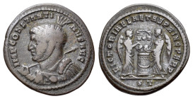 Constantine I (306-337). Æ Follis (18mm, 2.21g). Ticinum, 318-9. Helmeted and cuirassed bust l. holding spear over shoulder. R/ Two Victories standing...