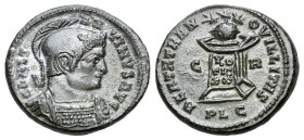 Constantine I (307/310-337). Æ Follis (20mm, 3.46g). Lugdunum, 322-3. Helmeted and cuirassed bust r. R/ Globe set on altar inscribed VO/TIS/XX in thre...