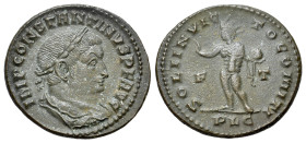 Constantine I (307/310-337). Æ Follis (23mm, 4.83g). Lugdunum, 309-10. Laureate, draped and cuirassed bust r. R/ Sol standing l., raising r. hand and ...