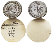 Constantine I (307/310-337). Æ Follis (19mm, 3.04g). Lugdunum, 314-5. Laureate and cuirassed bust r. R/ Sol standing l., raising r. hand and holding g...