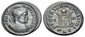 Constantine I (307/310-337). Æ Follis (20mm, 3.81g). Lugdunum, 321. Helmeted and cuirassed bust r. R/ Globe set on altar inscribed VO/TIS/XX in three ...